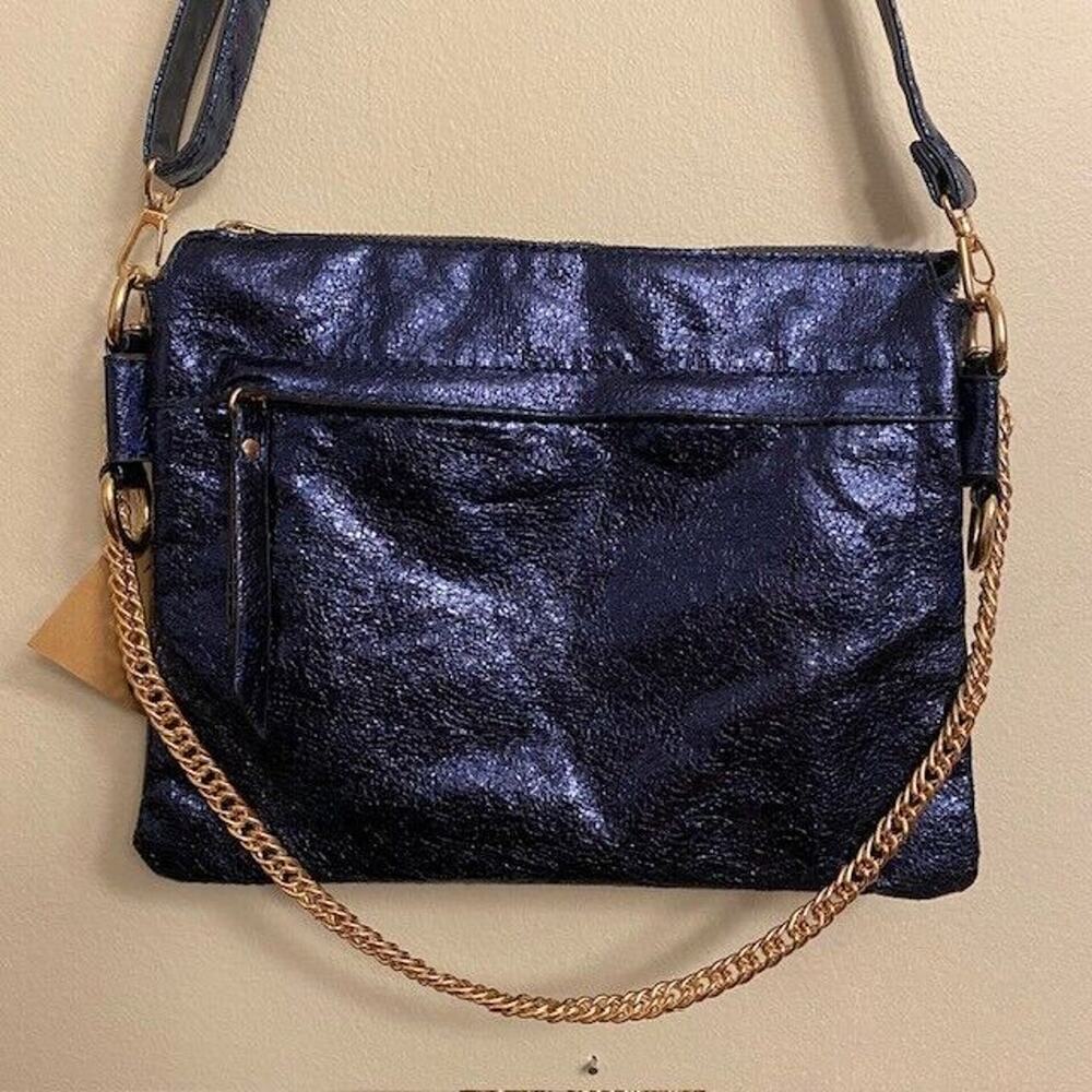 NEW Fuego Crackled Vegan Navy Blue Leather Zipper Envelope Bag Clutch Purse